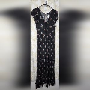 AMERICAN EAGLE OUTFITTERS 90S BLACK FLORAL RUFFLE SLEEVE MAXI OPEN BACK sz M GUC